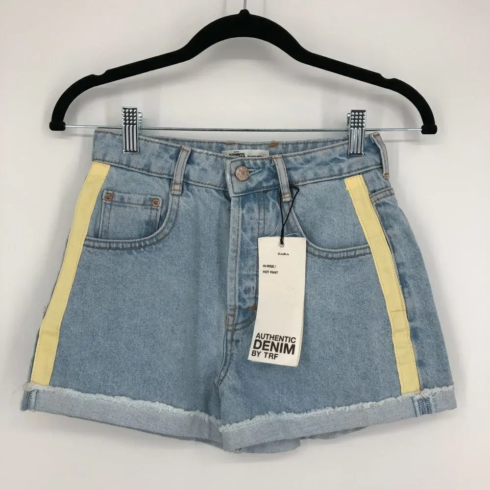 🆕 ZARA Hi Rise‎ Hot Pant Denim Short Yellow Tuxedo Stripe NWT